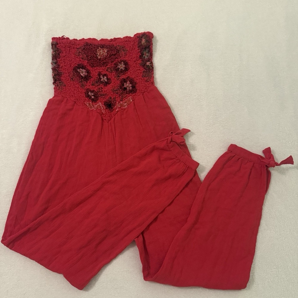 Free People Karan Strapless Smocked Floral Red Jumpsuit Size XS Boho Festival - Picture 8 of 15